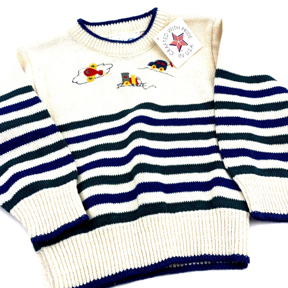Jack Far Baby Sweater Size 4 Boy Vintage Ivory Stripe Embroidered Airplane Train
